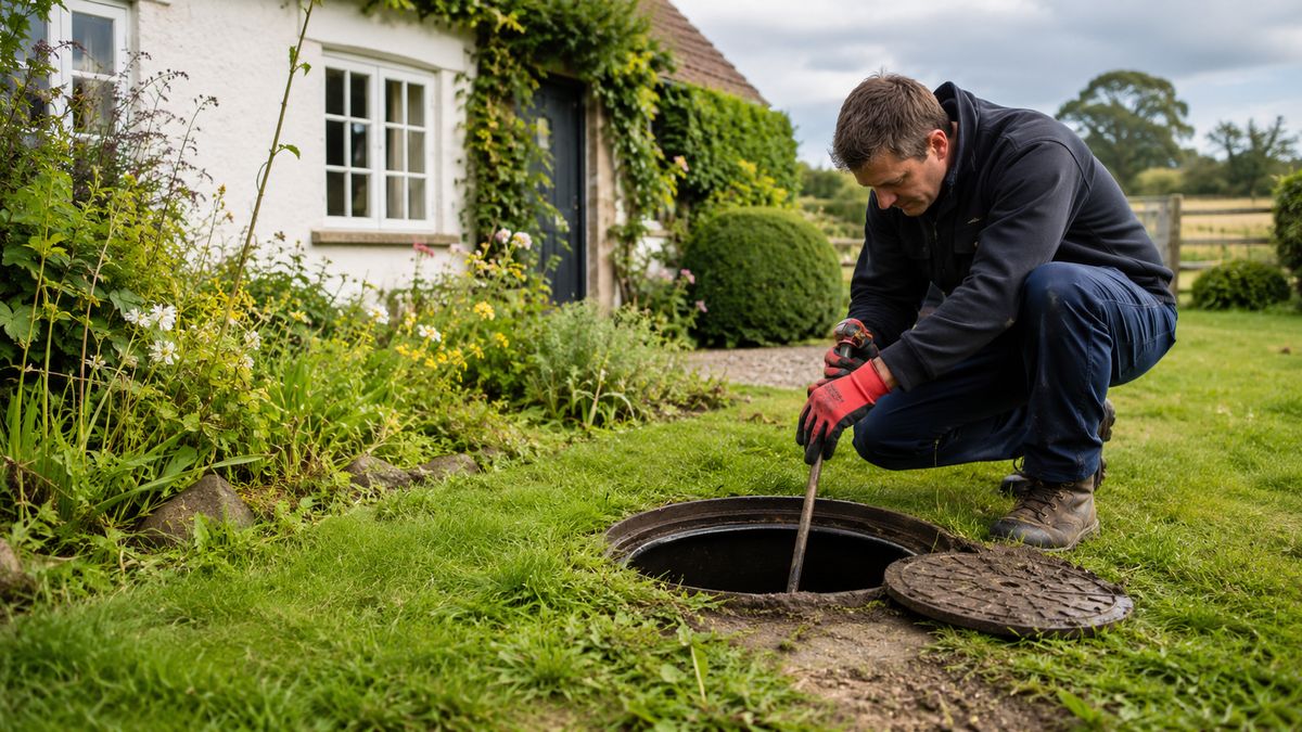 Inspection of a septic access cover at a village property near Haverhill