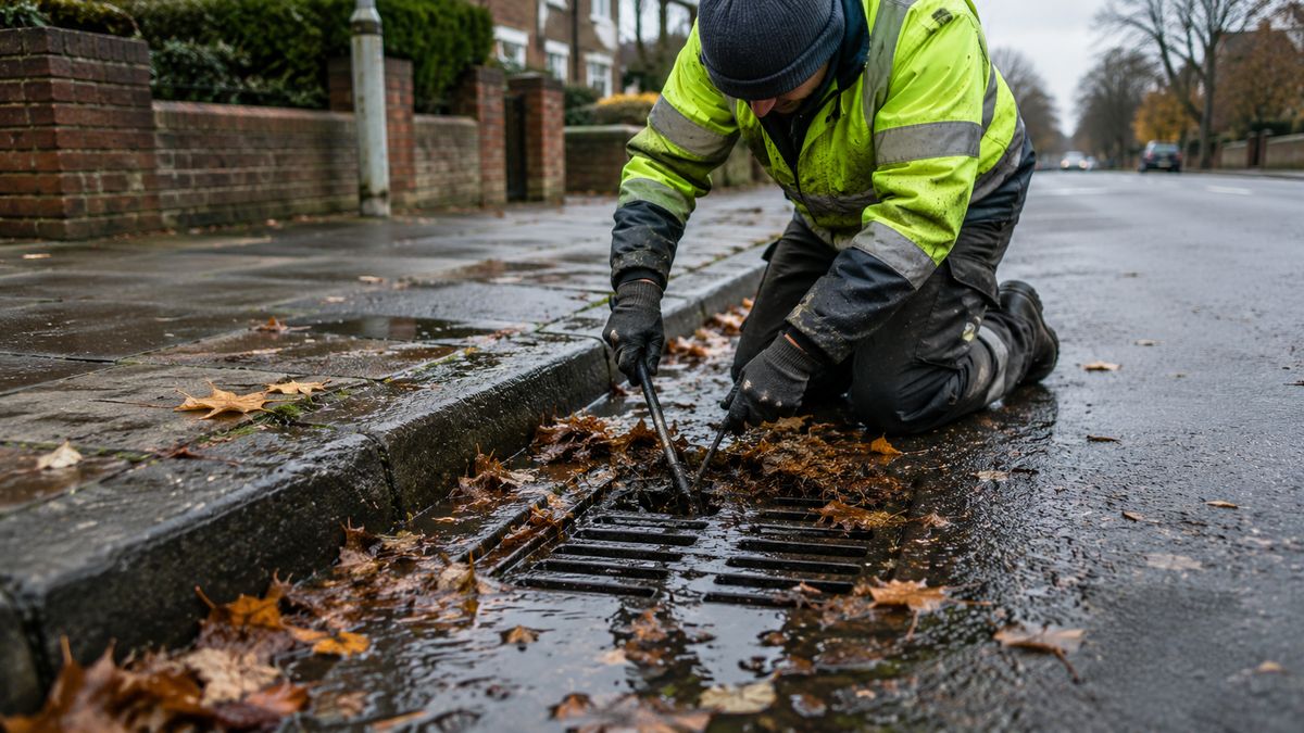 Engineer clearing a leaf-filled street drain in winter