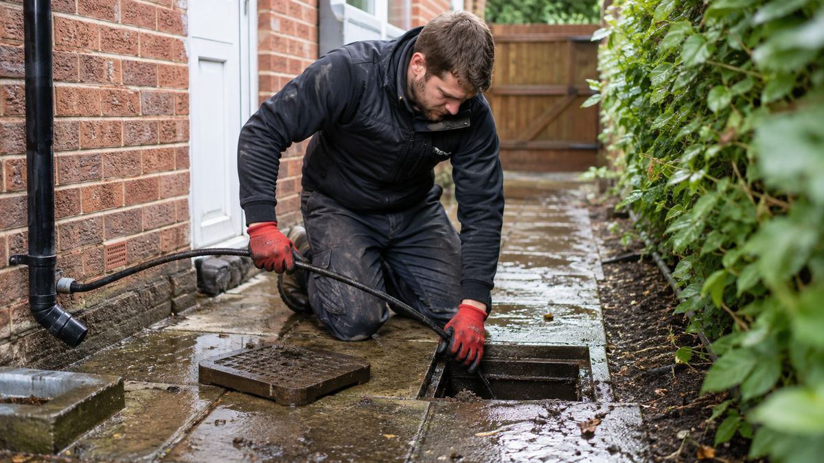 Drain engineer clearing a blocked drain at a Haverhill property