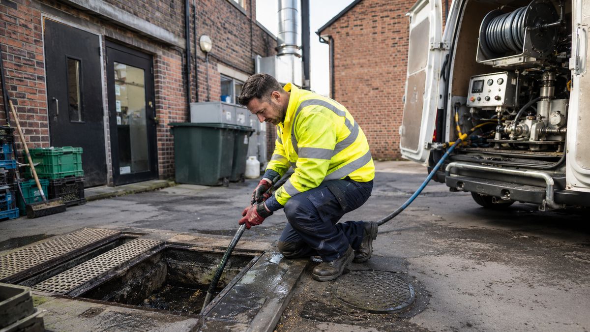 Commercial drainage maintenance behind business premises in Haverhill