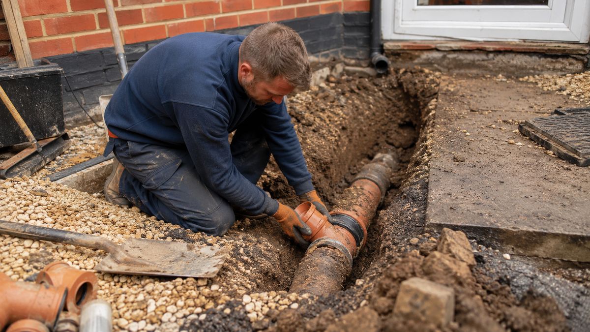 Drain repair work on underground pipework near Haverhill