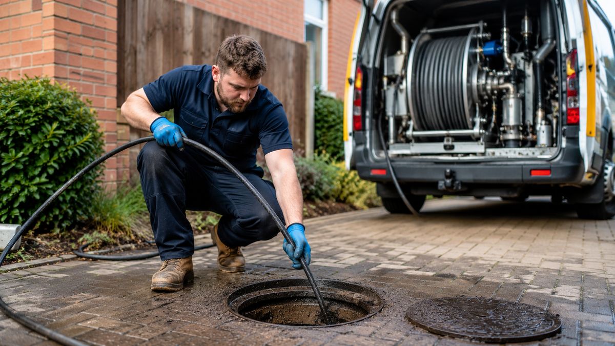 Drain unblocking equipment being used at a Haverhill property